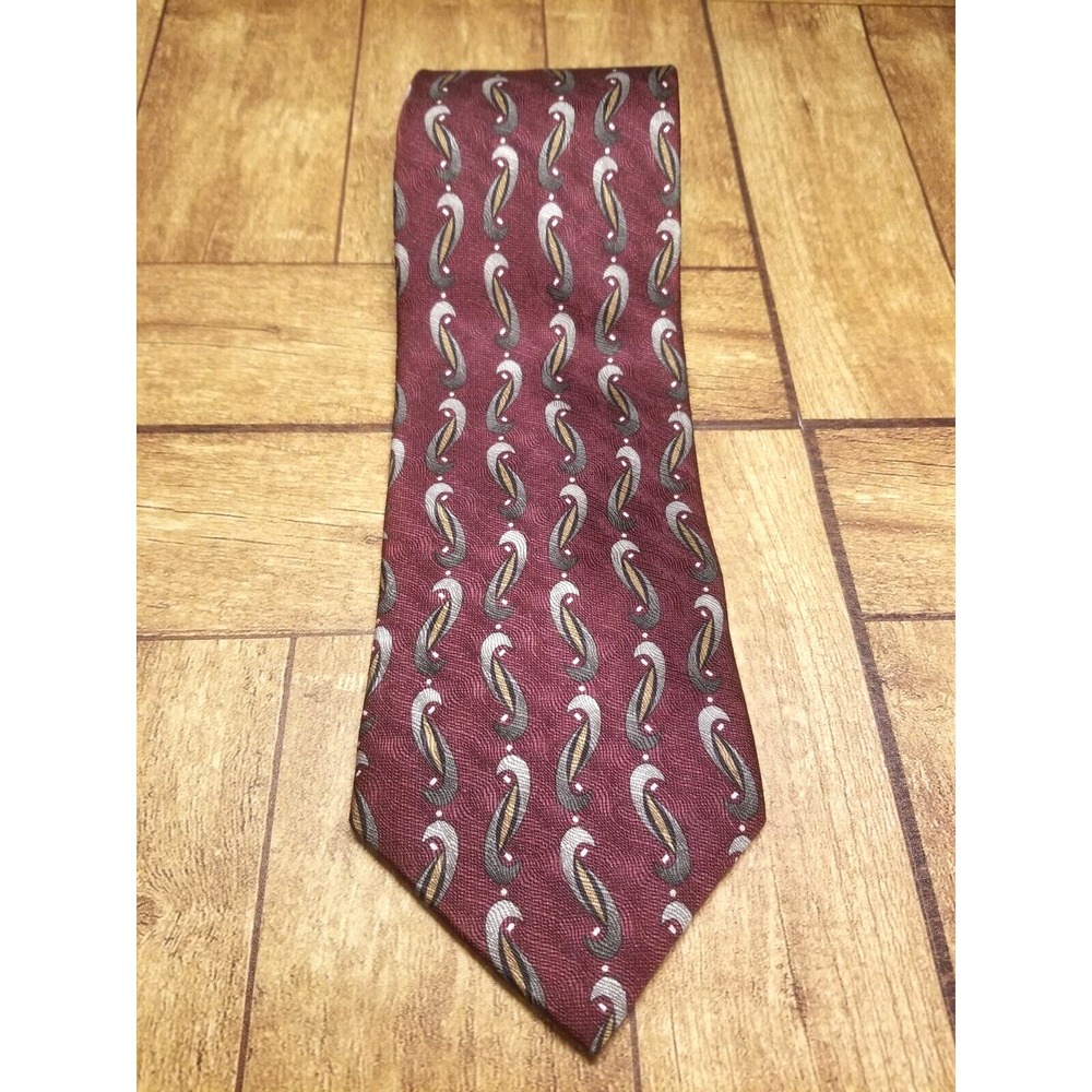 Milano Uomo Burgundy Swirl Geometric Gray Silver‎ Gold Textured Silk Pointed Tie